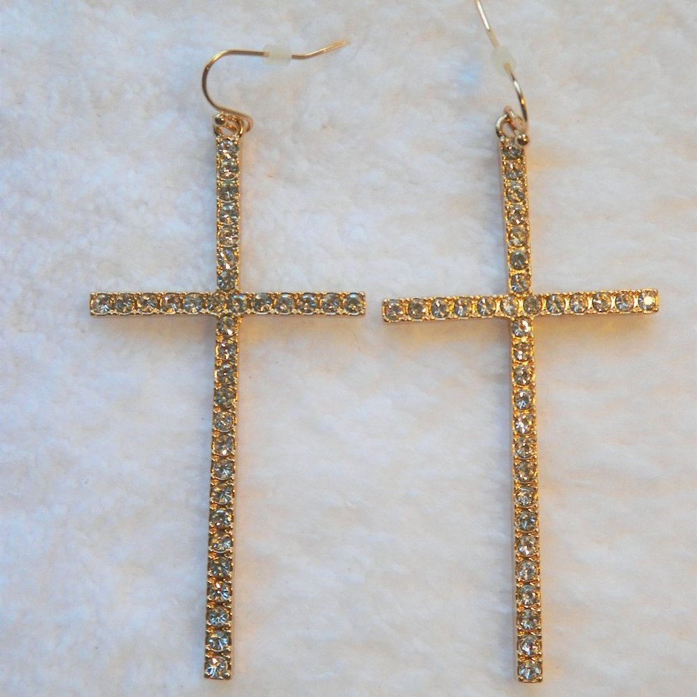2 3/4" Gold Rhinestone Religious Cross Earrings Forever 21 NWT - Picture 5 of 5